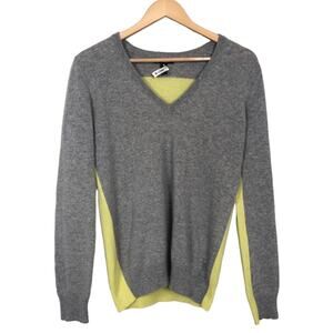 Aqua Color Block Heather Gray & Neon Yellow 100% Cashmere V Neck Sweater Size M